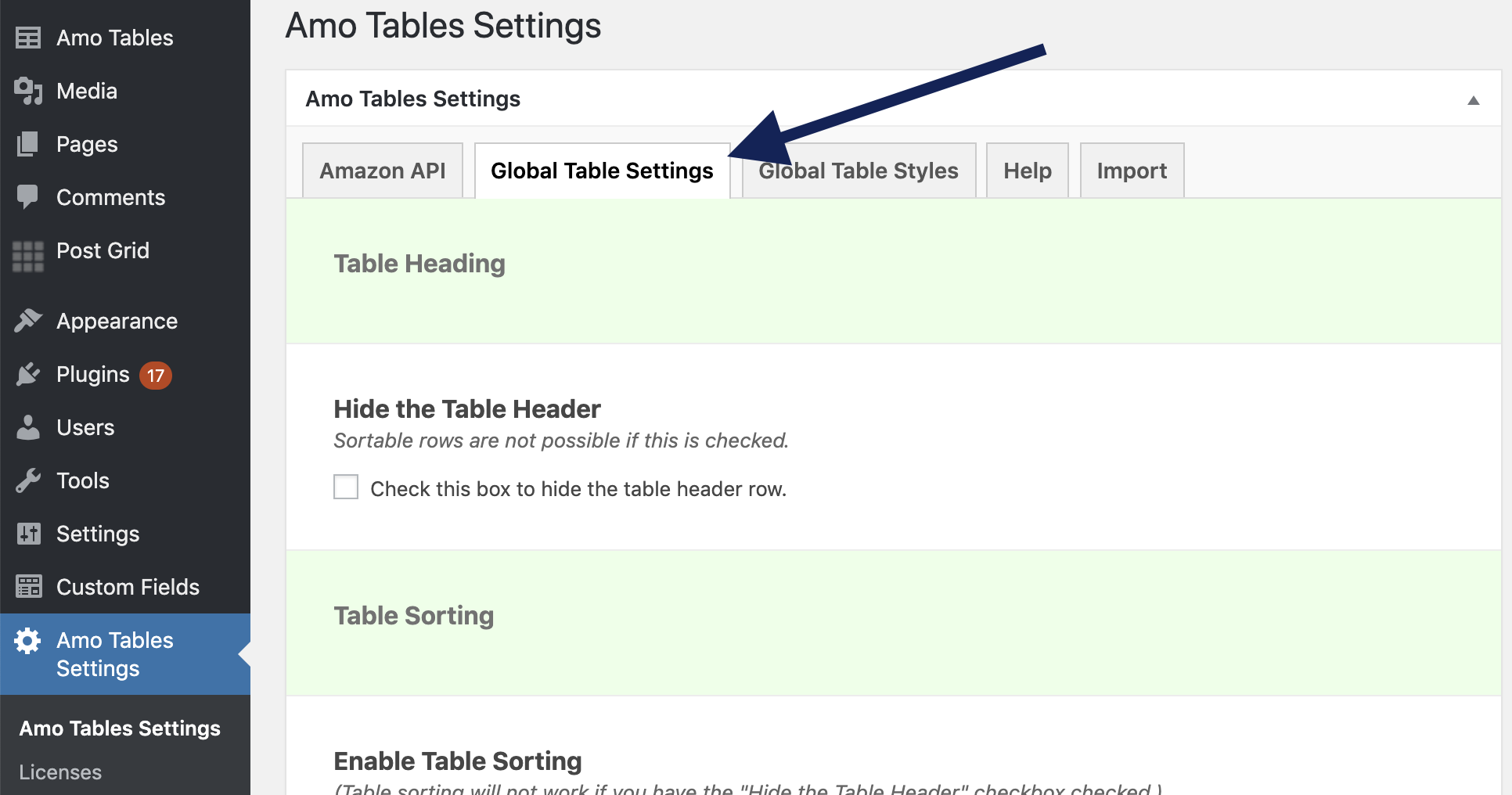 Amo Tables Global Settings