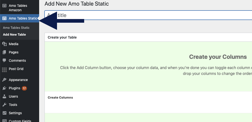 How to add new table in Amo Table Wordpress Plugin